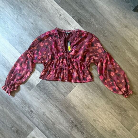 Steve Madden Wine Floral Blouse Button Down Top Feminine Ruffles - Picture 4 of 10